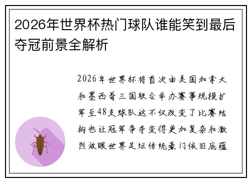 2026年世界杯热门球队谁能笑到最后夺冠前景全解析